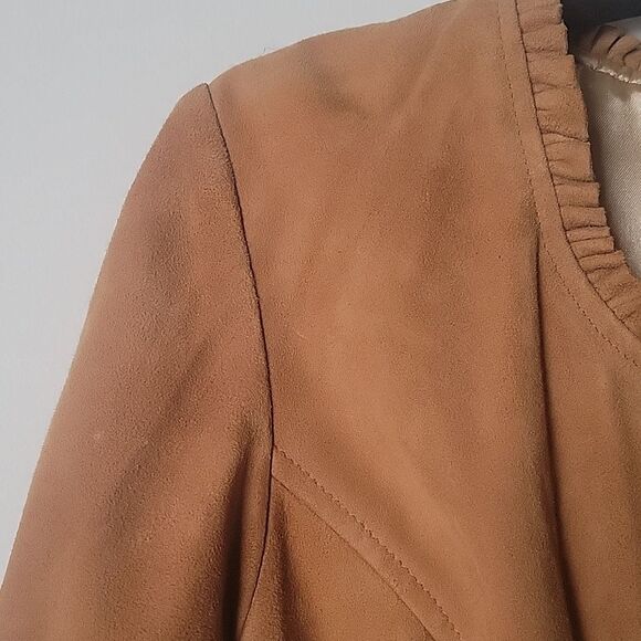 NEW INC Suede P 0 Leather Brown Tan Camel Ruffle Blazer Fitted Boho Jacket Bell - Picture 5 of 16